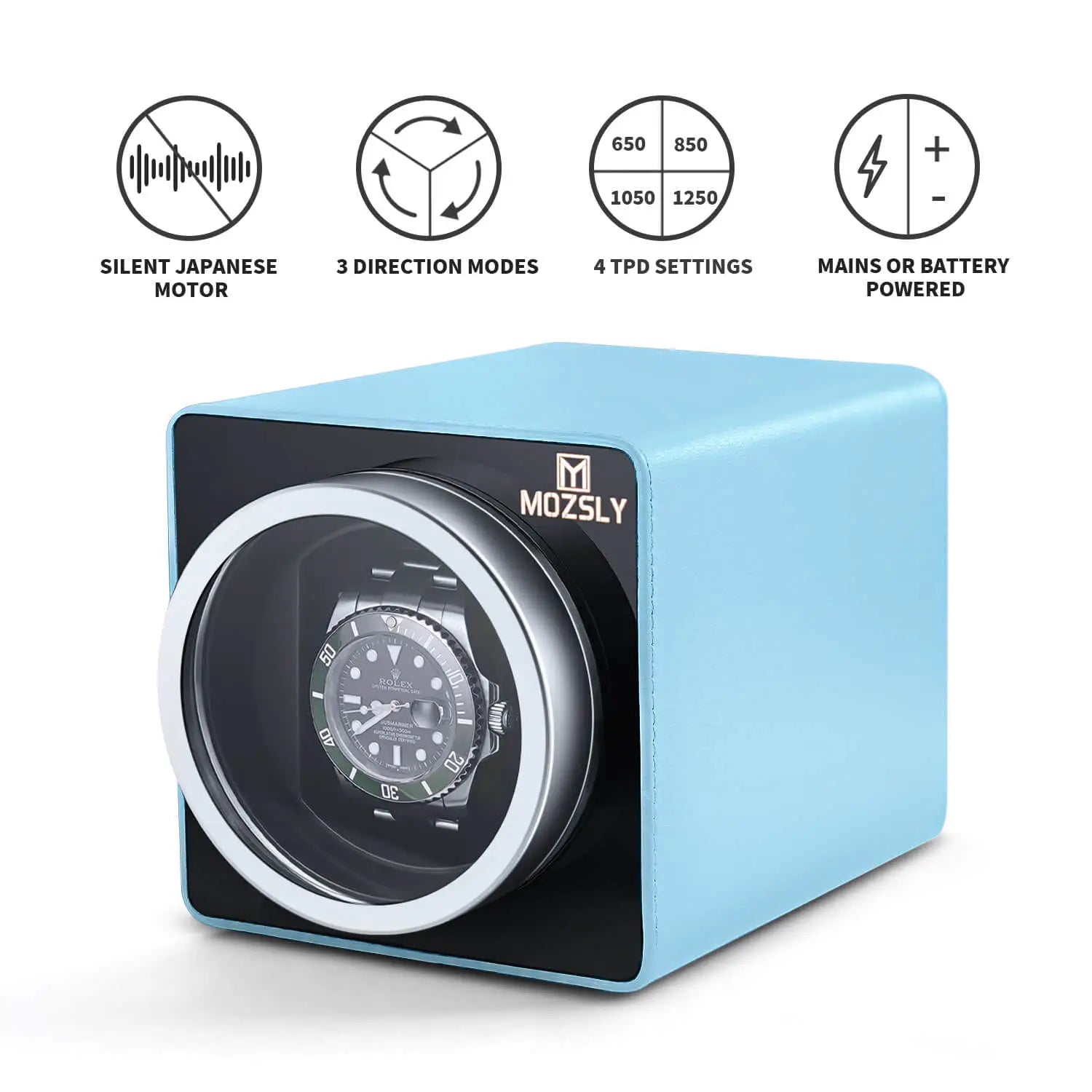 MOZSLY® Single Watch Winder - Light Blue Leather_02